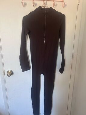 Fashion Nova womens Long Sleeve Brown Ribbed Zip-Front One-Piece